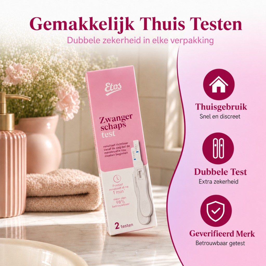 On-brand Etos pregnancy test lifestyle image with benefit callouts for the marketplace listing
